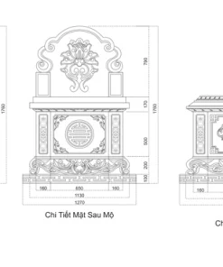 Bản vẽ thiết kế 3 mặt của mẫu mộ đá trắng nguyên khối CT02