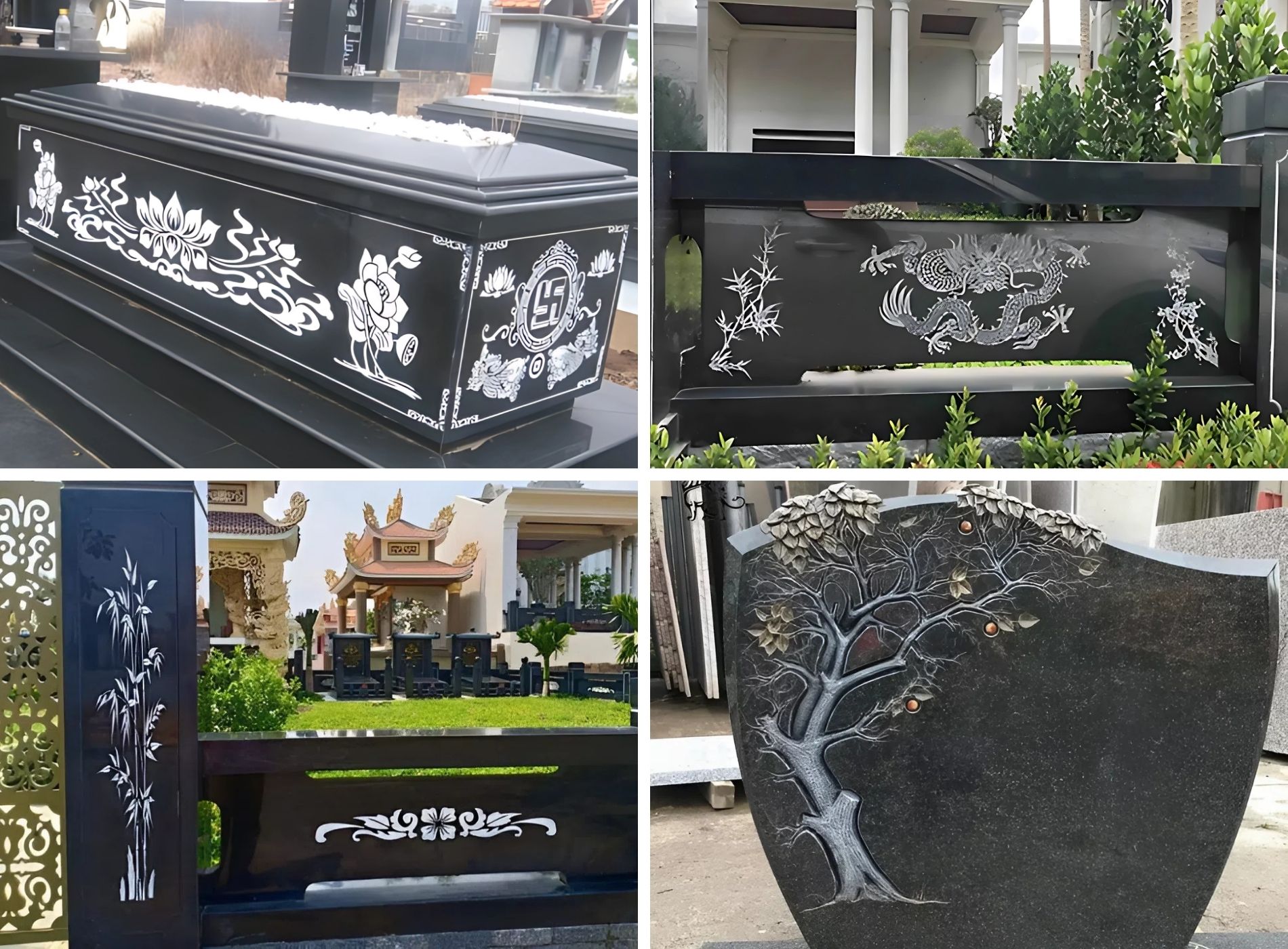 Các chi tiết trên mộ đá hoa cương được chạm khắc chi tiết, tỉ mỉ 