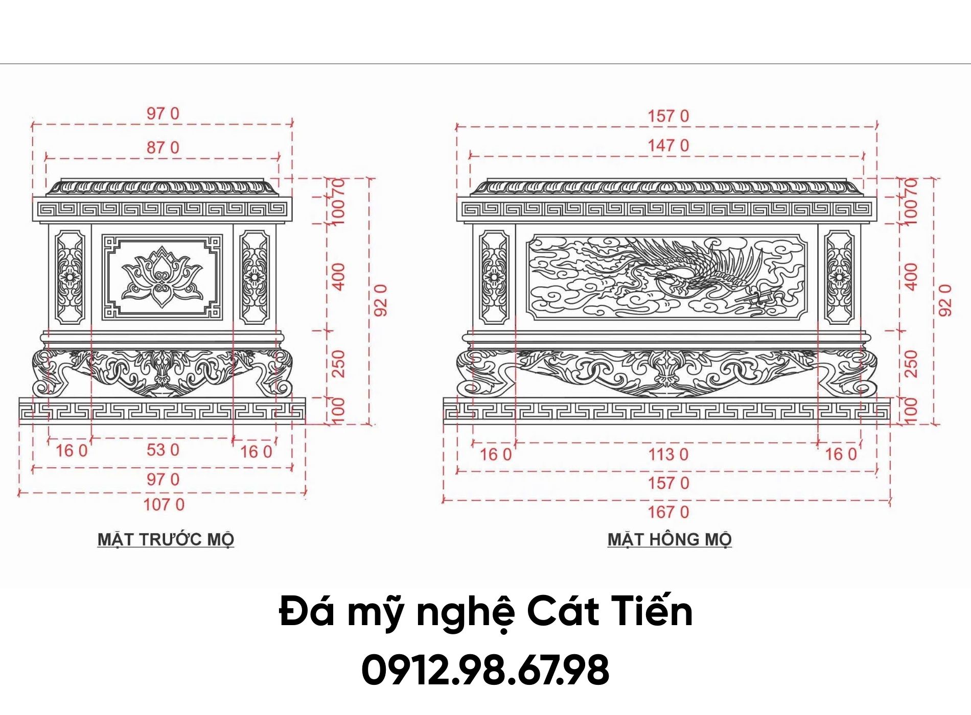 Đá mỹ nghệ Cát Tiến cung cấp bản vẽ kỹ thuật xây mộ đá chuẩn phong thủy