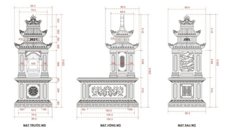 Mô phỏng kích thước mộ đá theo phong thủy 3D ở cả 3 mặt
