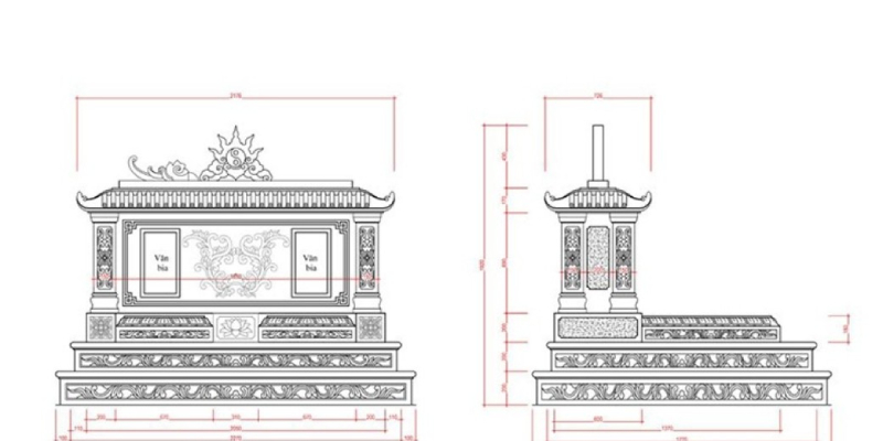 Kích thước mộ đá nguyên khối một mái mô phỏng ở mặt trước mặt hông