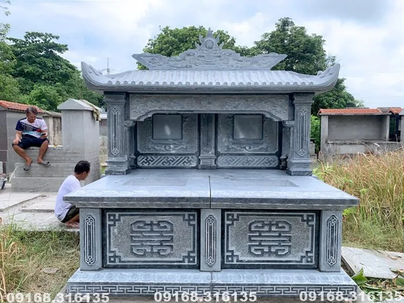 Mộ đá đôi một mái Ninh Bình CT120 chế tác từ đá xanh đen nguyên khối