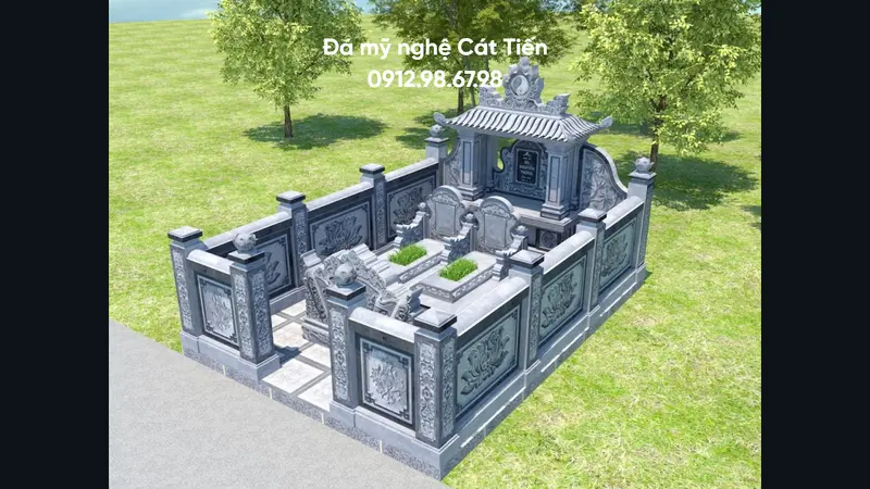 Đá mỹ nghệ Cát Tiến cung cấp mẫu khu lăng mộ đá xanh đen gia đình chuẩn kích thước Lỗ Ban