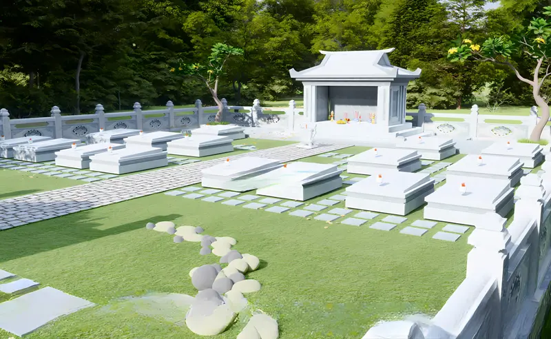 Mẫu lăng mộ đá dòng tộc được làm từ đá granite nguyên khối tự nhiên màu trắng, mang vẻ đẹp hài hòa giữa hiện đại và truyền thống