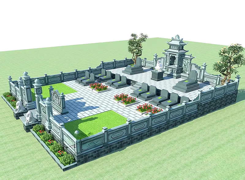 Khu lăng mộ đá dòng họ màu xanh rêu, được làm từ đá tự nhiên nguyên khối 100%, nổi bật với độ bền vững chãi