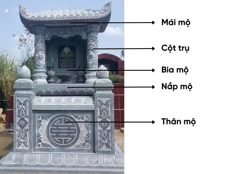 Mộ đá có mái với đặc trưng phần mái che phía trên tạo sự bề thế cho công trình