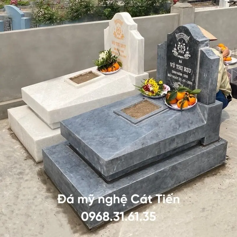 Đá mỹ nghệ Cát Tiến cung cấp mộ đá đơn xanh đen nguyên khối, hoa văn đơn giản