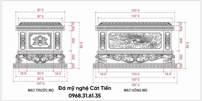 Bản vẽ 2D thể hiện chi tiết mặt trước và mặt hông mộ tam cấp