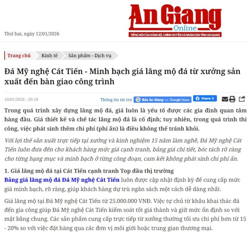 Báo An Giang đưa tin về sự minh bạch về giá của Đá Mỹ Nghệ Cát Tiến