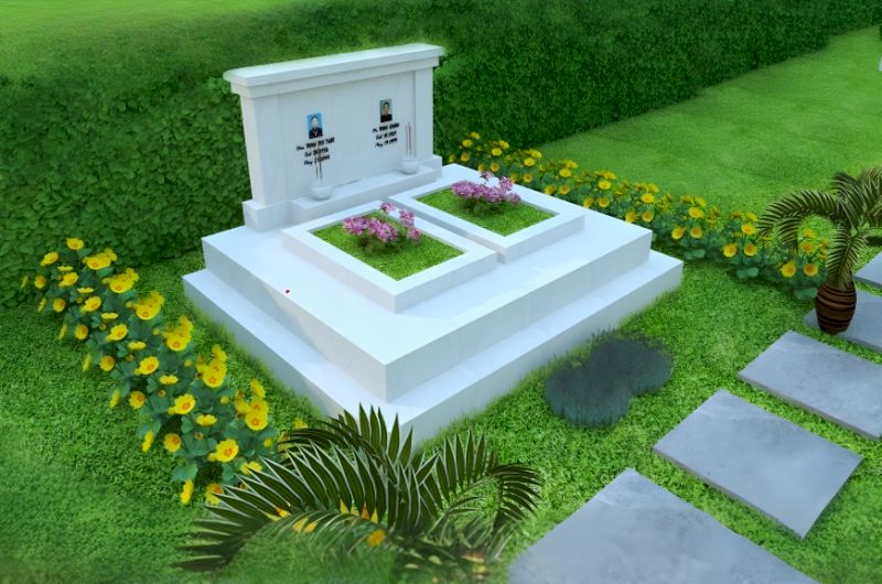 Mẫu mộ đá đôi xây gạch màu trắng phù hợp với người mệnh Kim (Nguồn: Internet)