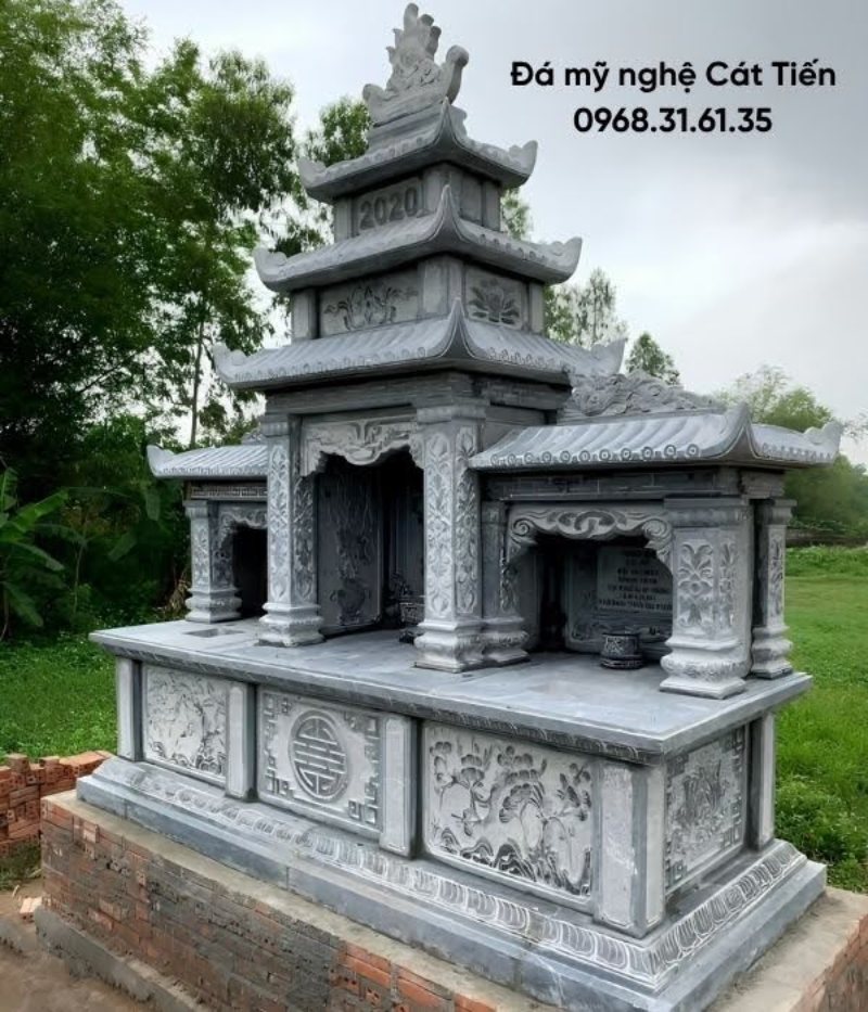 Mộ đá đôi đá xanh đen 3 mái kích thước 255 cm x 275 cm chuẩn phong thủy giá 98.000.000 VNĐ