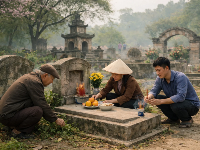 Gia chủ thực hiện bài khấn trước khi thi công để xin phép thần linh và các hương linh trước khi bắt đầu sửa chữa mộ phần.