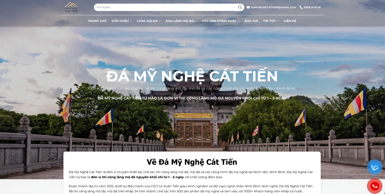 Giao diện trang chủ website https://damynghecattien.com/ - Website chính thức và duy nhất của thương hiệu Đá Mỹ Nghệ Cát Tiến